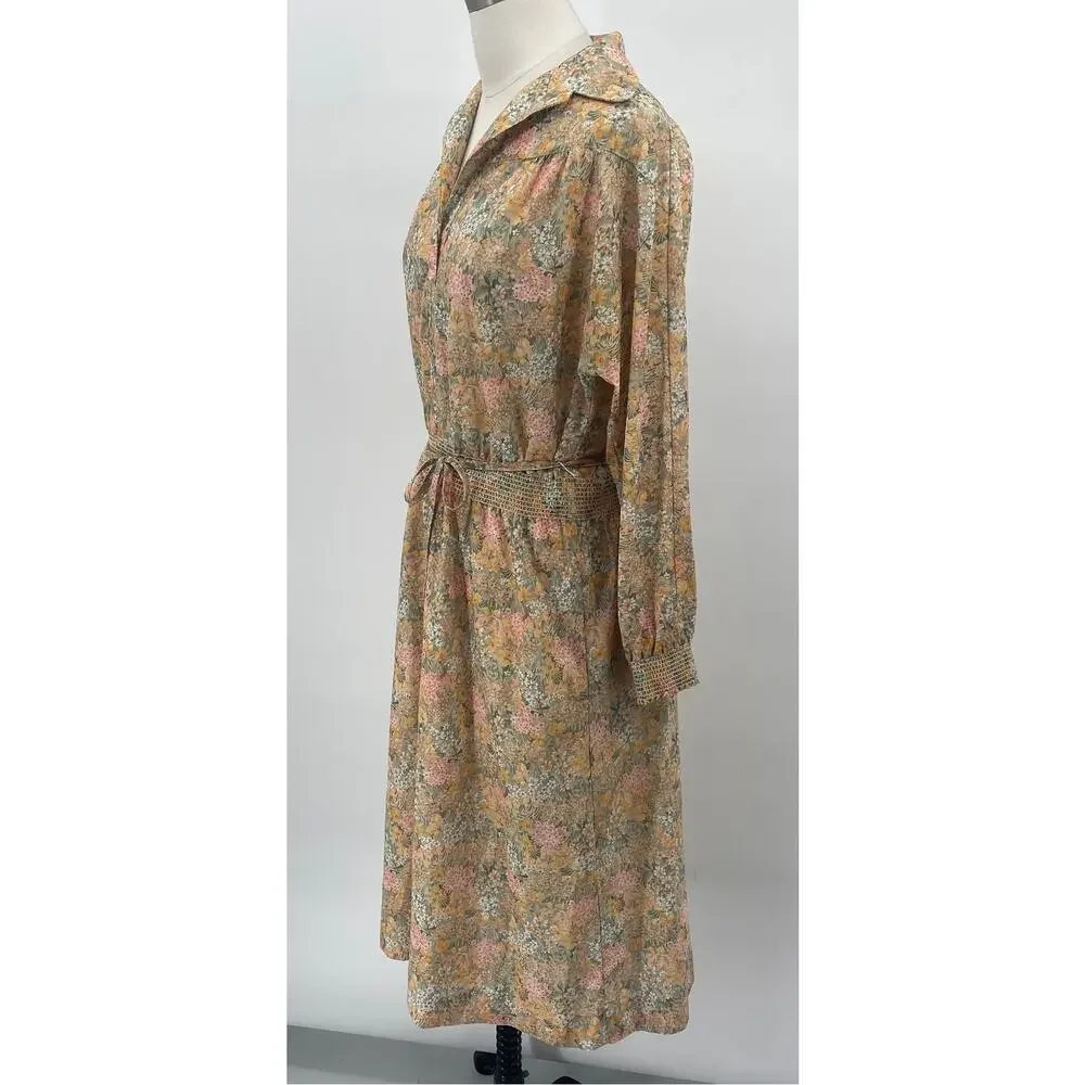 Vintage 70s Floral Print Shirtdress Long Sleeve Tie Waist Blouson Midi Dress M - Picture 6 of 11